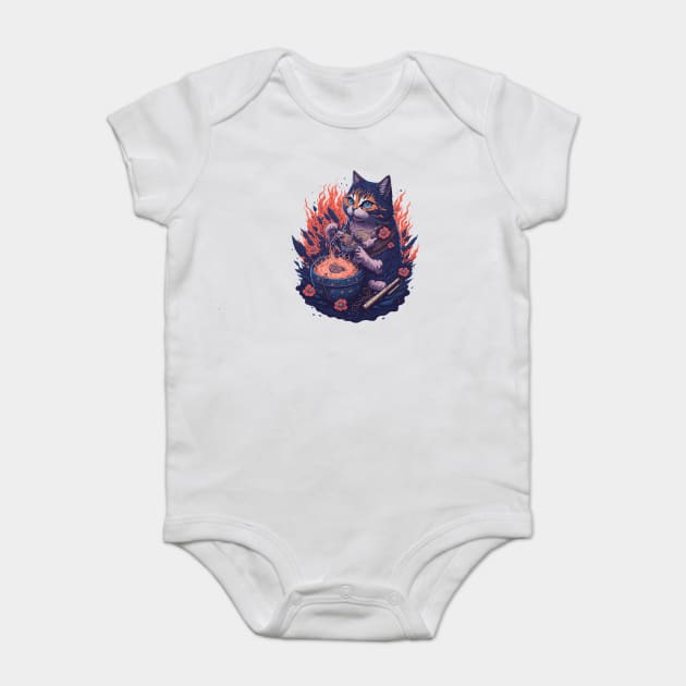 Fantasy cat eating ramen illustration Baby Bodysuit by DrollDrifter
